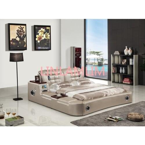Real Genuine leather bed TV Soft Beds Bedroom camas lit muebles de dormitorio yatak mobilya quarto massage speaker bluetooth