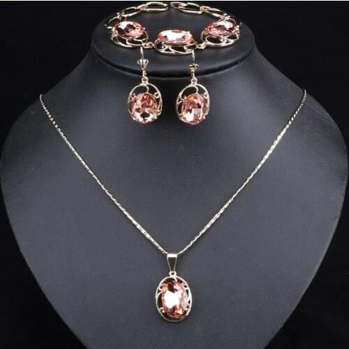 Fashion Champagne Crystal Stone Wedding Jewelry Sets For Brides Gold Color Necklace Earring Bracelet Set For Women