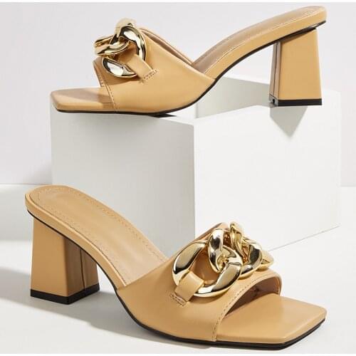 Fashion Slippers For Women Outside Metal Chain High Heels Ladies Sandals Square Toe PU Summer Shoes Female Pumps 2021 Footwear