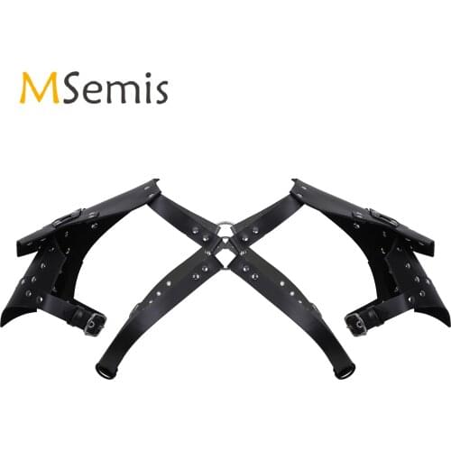 Black Mens Bondage Sexy Clubwear Steampunk Shoulder Knight Pauldrons Faux Leather O-Ring Armors Halloween Role Play Costumes