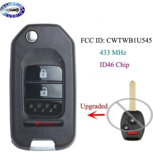 Upgraded to Flip Remote Car Key Fob 2+1 Button 433MHz ID46 Chip for Honda Pilot 2005-2008 FCC ID: CWTWB1U545