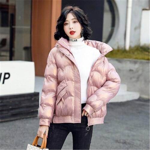 Stand Collar Women Cotton Padded Jacket Winter Thick Ladies Glossy Down Coat Plus Size Casual Female Short Parkas with Zipper
