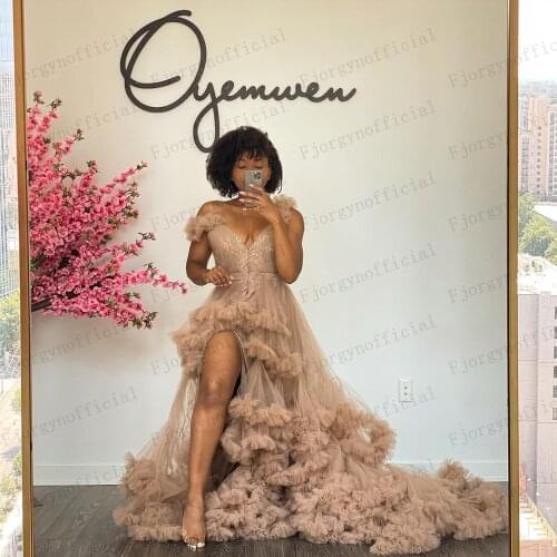 Sexy Ball Gown Party Dresses Spaghetti Lace and Tulle Evening Gowns Side Split Cascade Ruffles Womens Formal Dress Sweep Train