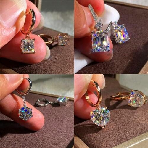 Cute Square Round Heart Dangle Earrings White Rose Gold Female Crystal Bride Wedding Drop Earrings For Women Zircon Jewelry Cz