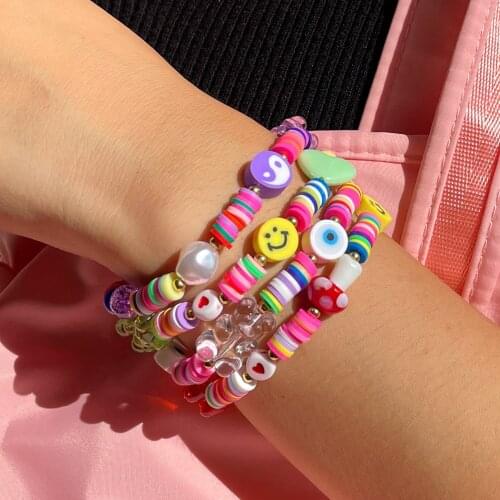 Cute Candy Color Gummy Bear Clay Beaded Smiley Bracelets For Women Colorful Acrylic Mushroom Heart Wristband Boho Beach Jewelry