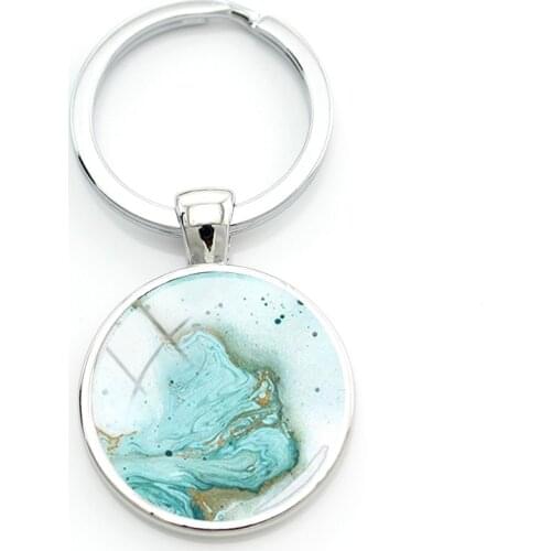 TAFREE Colorful Marble Texture Patterns Glass Keychains New Design Silver-Plated 25mm Round Beads Women Men Key Ring