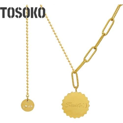TOSOKO Stainless Steel Jewelry Gear Letter Tassel Necklace Womens Fashion Clavicle Chain BSP1037