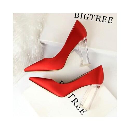 2020 Korean Shallow Women Pumps Satin Transparent Crystal High Heels 10CM Ladies Pointed Toe Singles Shoes Female Wedding Shoes