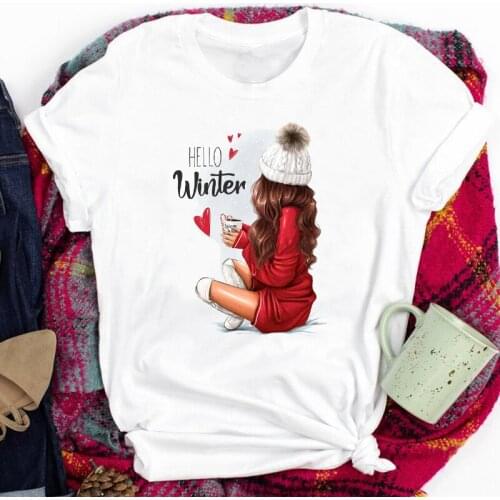Women T-Shirt Coffee Girl Winter Time Cute 90s Happy Holiday Merry Christmas Print Tops Female Clothes Summer O-neck Streetwear