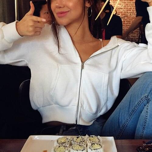 Zipper Autumn Sweatshirt Women Pocket Cropped Solid Jacket Drawstring White Sexy Hoody Cotton Sweatshirts Hoodies For Teen Girls