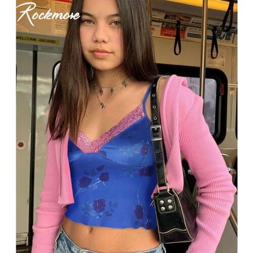 Rockmore Rose Print Patchwork Lace Camis For Women Sexy Spaghetti Straps Low Cut Camisole Y2K Crop Tops Summer Club Tank Tops