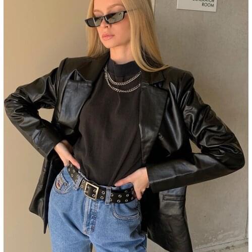 Women Black PU Leather Blazer Casual Cool Smooth Lapel Long Sleeve Button Coats Top Womens Jacket S/M/L