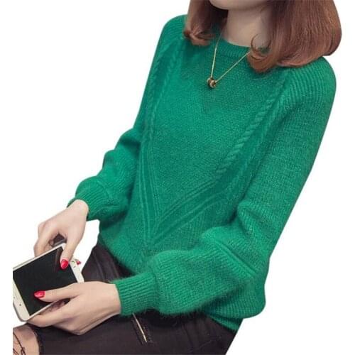 2018New Autumn Winter Wome Short Sweater Knitted Shirt Pullovers Long Sleeve O-Neck Female Sweater Lantern Sleeve Female TopQ516