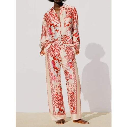 Za 2021 Women Print High Street Sets Fashion Loose Shirt Trousers 2 Pieces Sets Long Sleeve Blouse Pants Suits OZZ1024