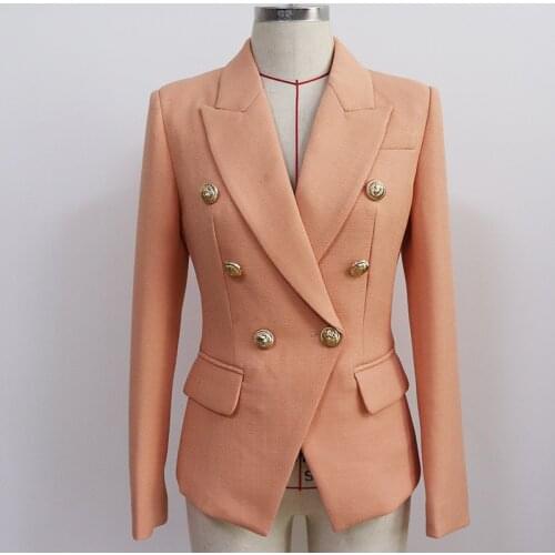 HIGH QUALITY Newest 2021 Designer Blazer Jacket Womens Metal Lion Buttons Double Breasted Slim Fitting Textured Blazer Nude