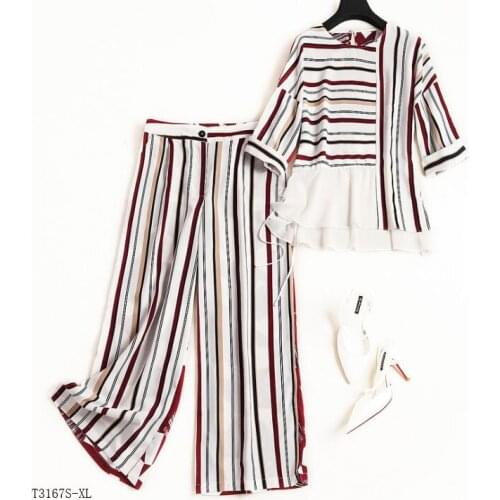 European style 2019 New arrivals summer Spring fashion women clothes temperament patchwork striped casual suit T3167
