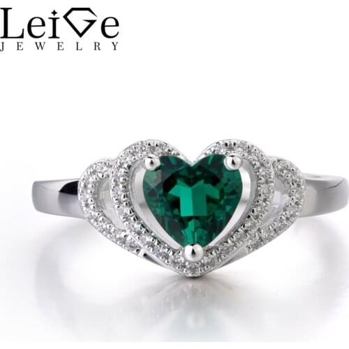 Leige Jewelry Green Emerald 925 Sterling Silver Rings Wedding Bands May Birthstone Heart Cut Unique Gifts For Girlfriend