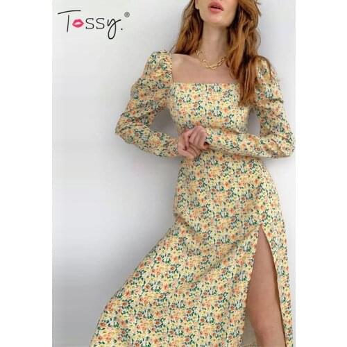 Tossy Floral Print Midi Boho Dress Women Long Sleeve Puff Sleeve Casual Holiday Party Dresses Side Split 2021 Vintage Vestidos