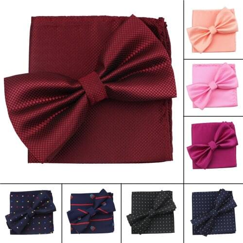Fashion Mens Dot Solid Bowtie Pocket square Set Vintage Purple Red Black Bule For Mens Fomal Business Wedding Party 2PC Gift