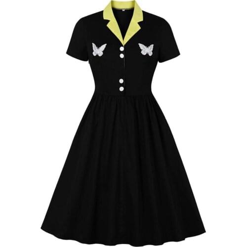 2021 New Short Sleeve 50s 60s Swing Retro Vintage Dress VD1426 Elegant Women Ladies Butterfly Embroidery Black Dress