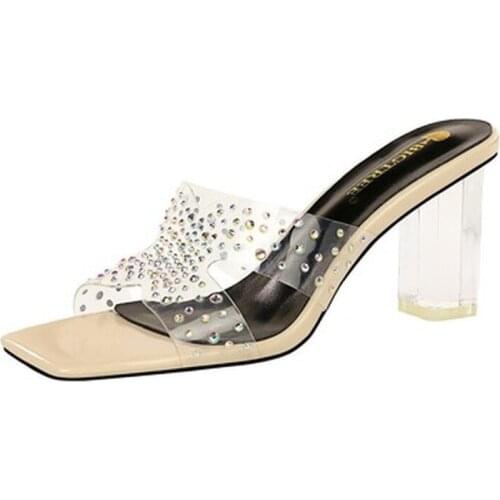 2021 European Summer Women Slippers Transparent Bright Piece Crystal High-heeled Indoor Outdoor Party Wedding Shoes Sexy Sandals