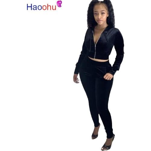 HAOOHU Velvet Fashion Womens Set Two Piece Set Hoodies Tops Leggings Jogger Pants Suit Tracksuit Matching Set Casual Outfit