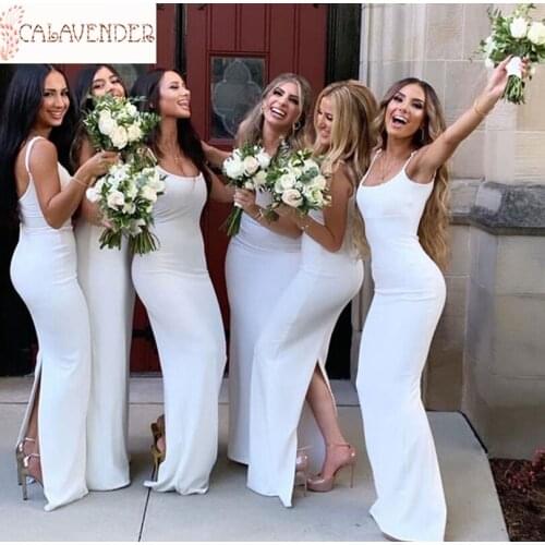 White Cheap Bridesmaids Dresses Sheath Spaghetti vestidos para boda Back Leg Slit Long Dresses for Women Party Wedding
