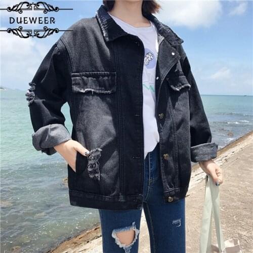 Jackets Coats Womens Denim Retro Jacket Women Classic Leisure Full Sleeve Black Solid Chic Frayed Korean Style