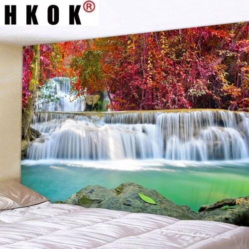 HKOK Forest Waterfall Digital Printed Tapestry Wall Hanging Wall Covering Rugs Background Cloth Beach Mat Blanket Home Decor