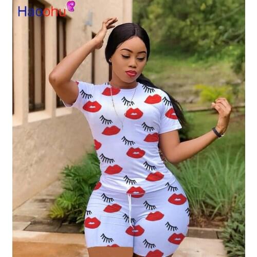 HAOOHU Active Print Two 2 Piece Set for Women Casual Short Sleeve T-shirt and Shorts Set Tracksuit Fashion Outfits Urban Street