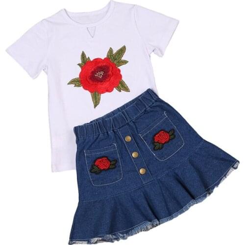 1-7Y Summer Fashion Kids Girls Clothes Sets Flowers Print White T Shirts Tops Button Design Blue Denim Ruffles A-Line Skirts