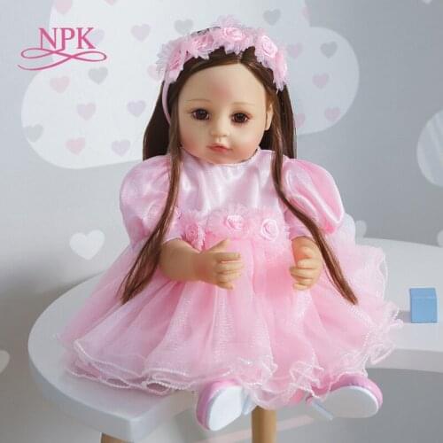 NPK 55CM long hair waterproof doll full body silicone bebe girl doll reborn todder in pink dress princess rooted