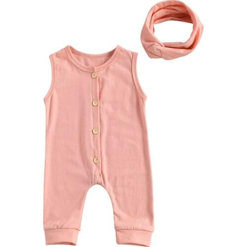 Lioraitiin 0-24M Newborn Infant Baby Girl Summer Solid Color Clothes Set Sleeveless O-neck Button-up Jumpsuit + Knot Headband