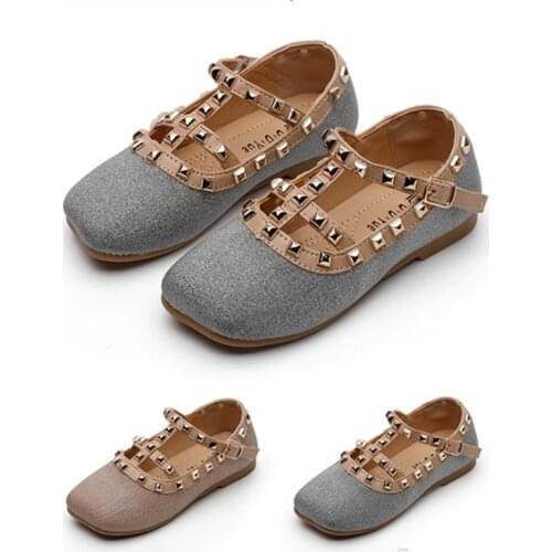 Fashion Children Leather Shoes Kids Soft sole rivet Princess Shoes blingbling Girls Single shoes chaussure fille pink silver