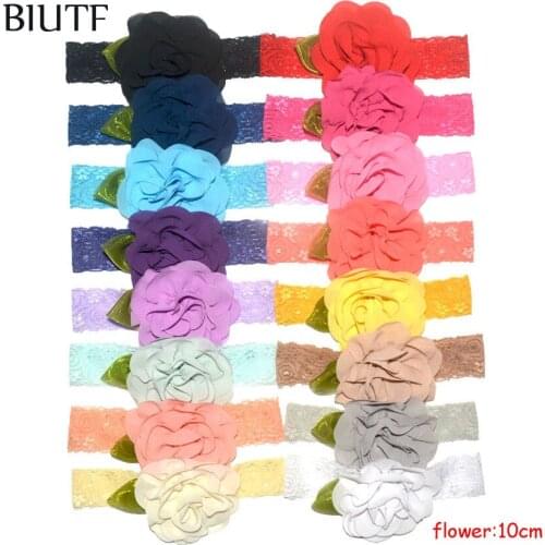 32pcs/lot Green Leaf Chiffon Flower Elastic Lace Headband Girl Hair Band Baptism Headwear Popular Color HB029