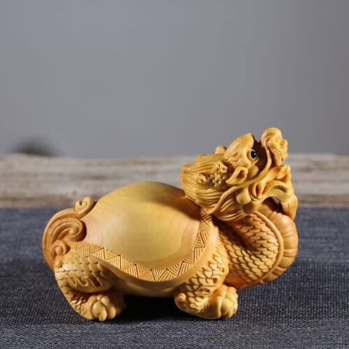Auspicious Money turtle animal beast wood dragon good luck Chinese Crafts boxwood Carvings Car home ornaments Handmade