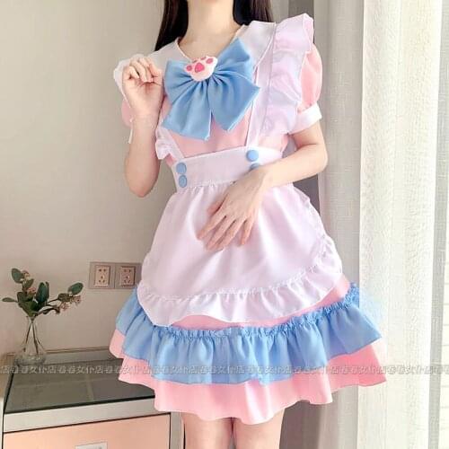 Usexy Kawaii Lolita Maid Dress Pink Blue Big Cats Paw Bow Gothic Birthday Party Dress Puff Sleeve Japanese Harajuku Soft Girls