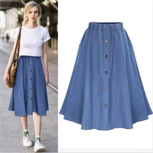 Summer Women Casual Loose A-Line Denim Skirt Wood Button High Elastic Waist Long Skirt Vestido Plue Size M-7XL