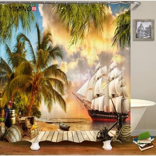 Seaside sailboat 3D landscape printing bathroom shower curtain polyester belt hook curtain home decoration curtain 180x200cm