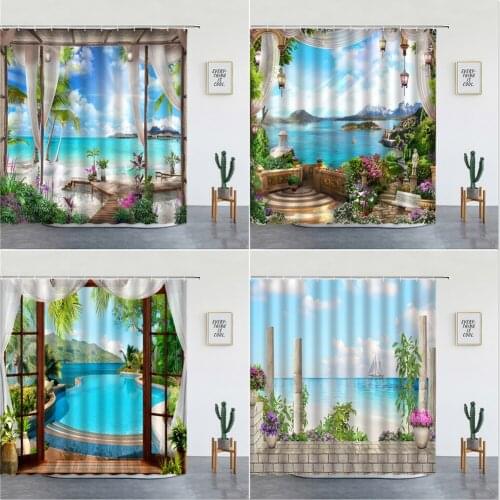 Ocean Scenery Shower Curtains Ldyllic Building Flower Plant Spring Landscape Bathroom Curtain Waterproof Fabric Bathtub Screen