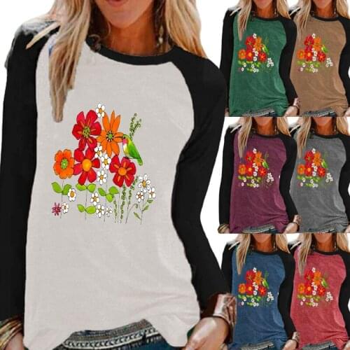 Ladies Spring/Autumn Round Neck Raglan Sleeve T-Shirt Flower Printing Pullover Top Plus Size Casual Long Sleeve Graphic Tee