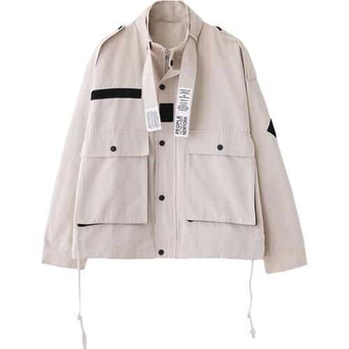 PERHAPS U Women Short Cropped Boomer Jacket Velcro Stand Collar Pocket Drawstring C0130