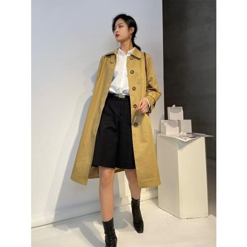 Ouevrey Womens Single Breasted Windbreaker Korean Style Long Sleeve Over The Knee Trench Jacket Coat