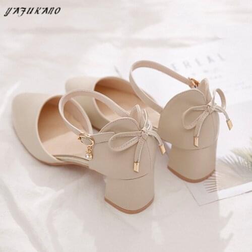 2020 Pumps Women Bow Mid Heels Two-Piece Shoes Buckle Pointed Toe Footwear Ladies Summer Elegant Shoes Female Beige apricot