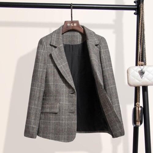 Womens single-breasted jacket thousand bird plaid small suit casual commuter loose plaid suit jacket autumn new style
