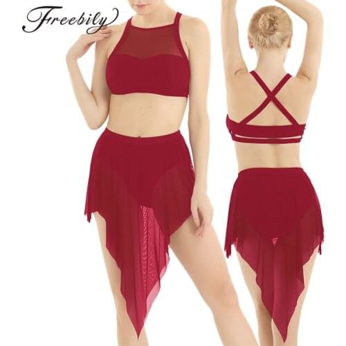 Women Adult Ballet Dance Dress Lyrical Dance Costumes Sleeveless Criss-cross Back Vest Crop Top with Asymmetrical Mesh Skirt