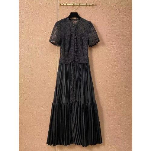 Fashion Runway Summer Long Dress Women Short sleeve Gorgeous Lace Flower Embroidery A Line Elegant Party Black Dresses
