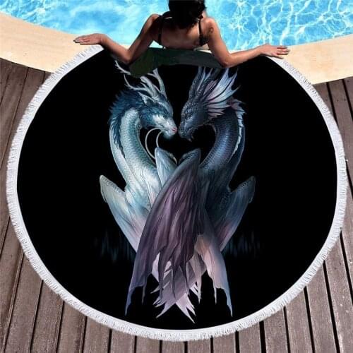 Yin and Yang Dragons Black by JoJoesArt Round Beach Towel