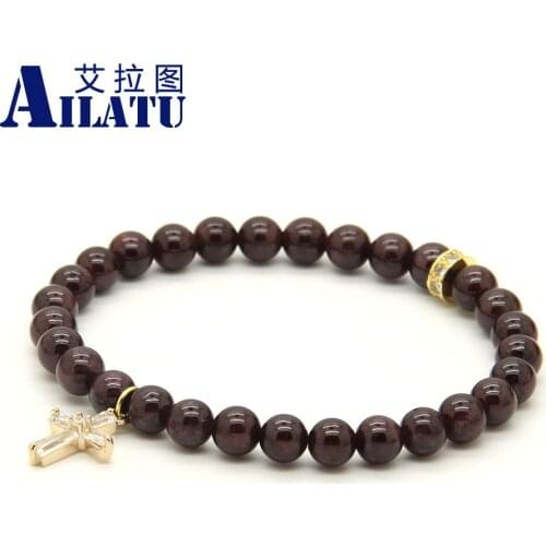 Ailatu Wholesale 10pcs/lot 6mm Natural Onyx Stone Beads with Micro Paved Clear Zircons Spacer Cz Beads Cross Bracelets