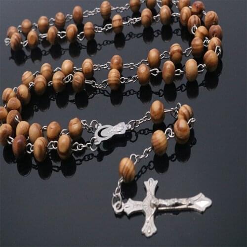 8mm Wooden Rosary Beads Jesus Christ Cross Pendant Necklace